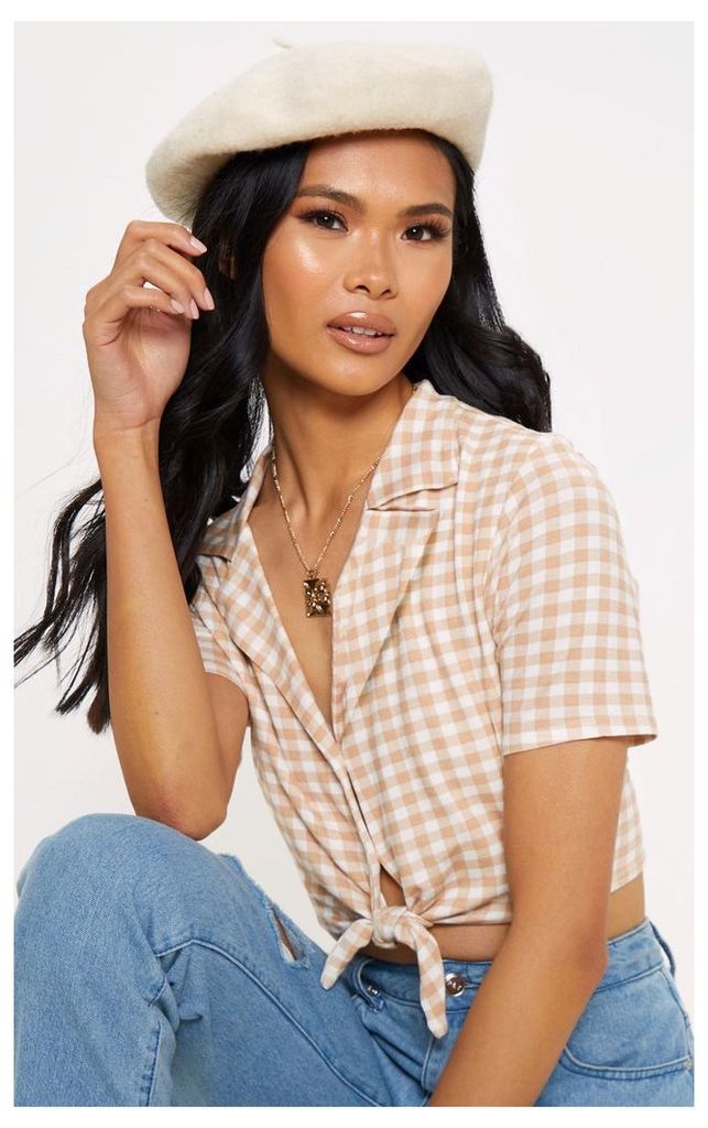 Brown Gingham Knot Front Crop Shirt, Brown
