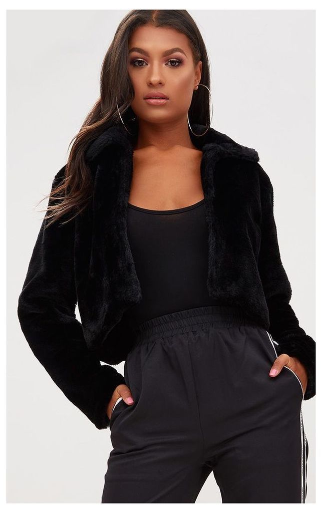 Black Cropped Faux Fur Coat, Black
