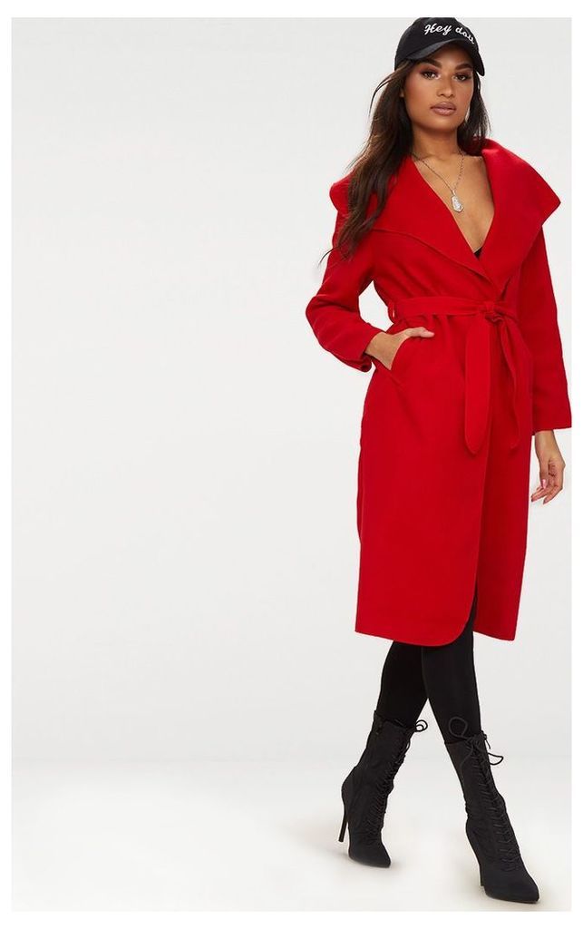Veronica Red Oversized Waterfall Belted Coat, Red