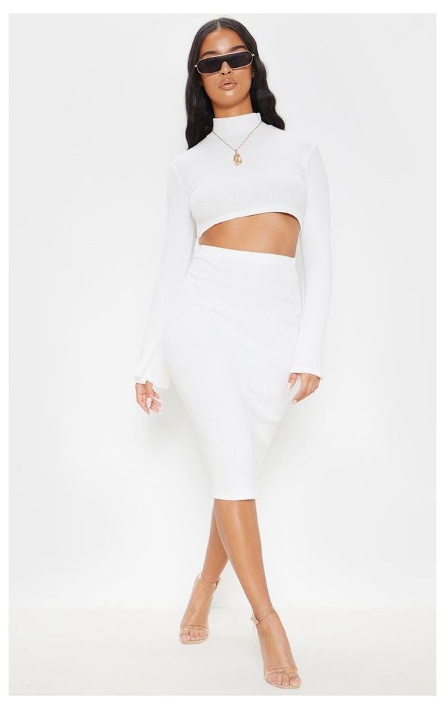Cream Knitted Midi Skirt, White