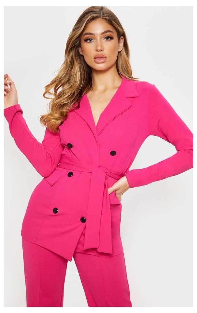 Pink Crepe Belted Longline Blazer, Pink