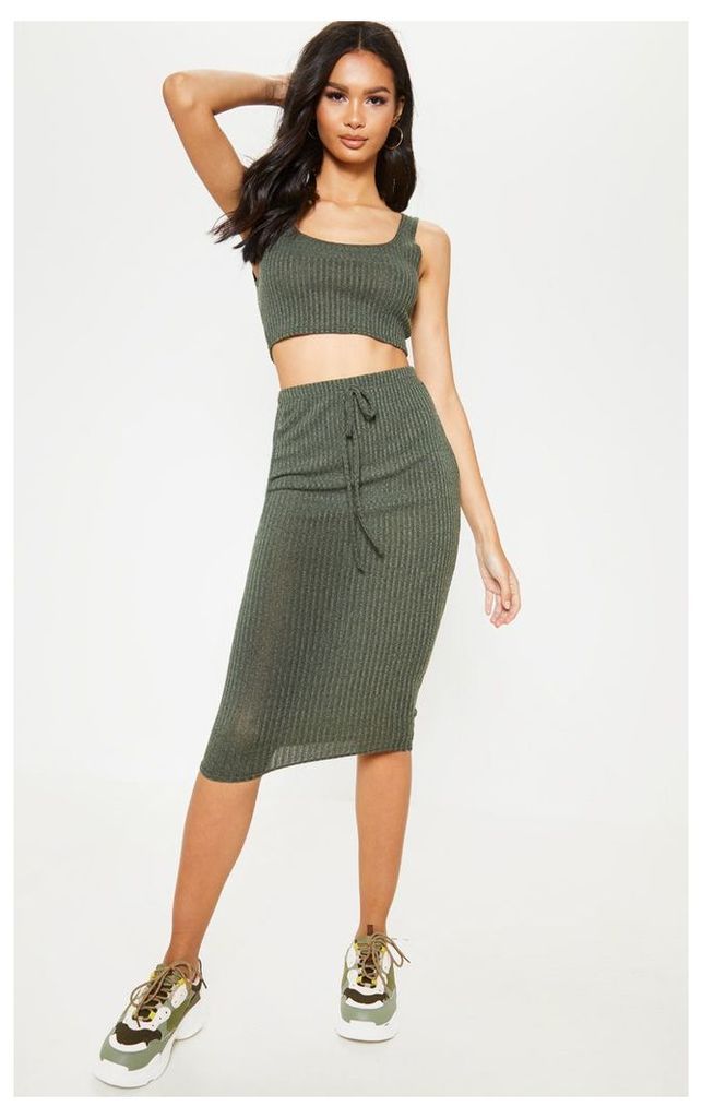 Khaki Knitted Ribbed Midi Skirt, Green