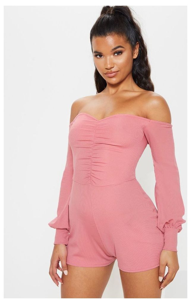 Rose Ruched Long Sleeve Rib Playsuit, Pink
