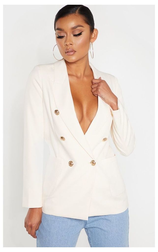 Cream Double Breasted Military Style Woven Blazer, White