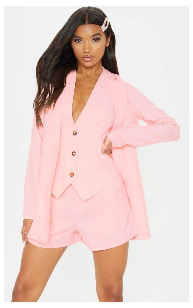 Pastel Pink Button Detail Oversized Woven Blazer, Pastel Pink