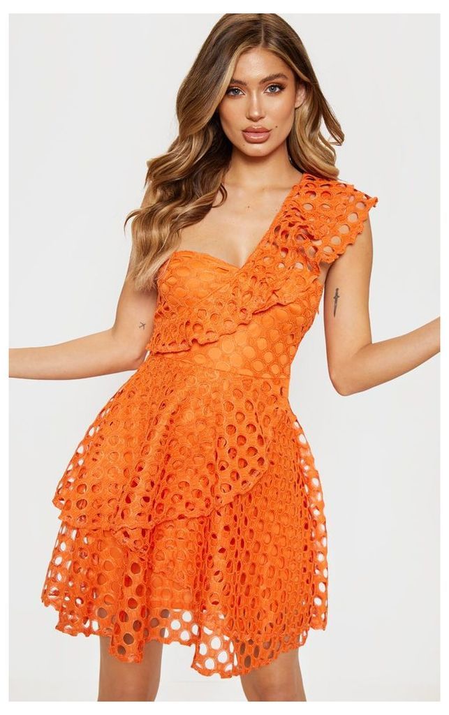 Bright Orange Lace One Shoulder Tiered Skater Dress, Bright Orange