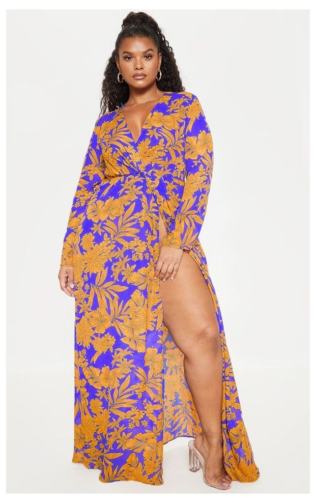 Plus Cobalt Tropical Print Twist Front Maxi Dress, Blue