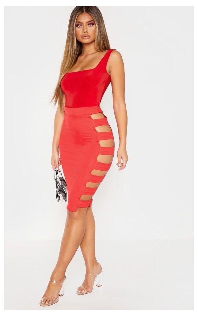 Red Cut Out Side Midi Skirt, Red