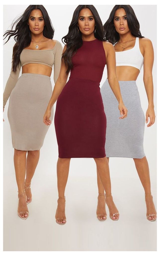 Grey Maroon and Taupe Basic Jersey Midi Skirt 3 Pack, Multi