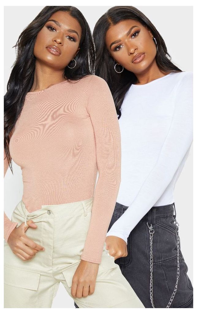 Basic Peach & White 2 Pack Long Sleeve Fitted T Shirt, Multi