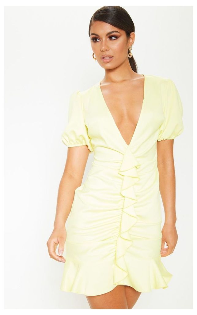Pastel Lemon Satin Puff Sleeve Frill Bodycon Dress, Lemon