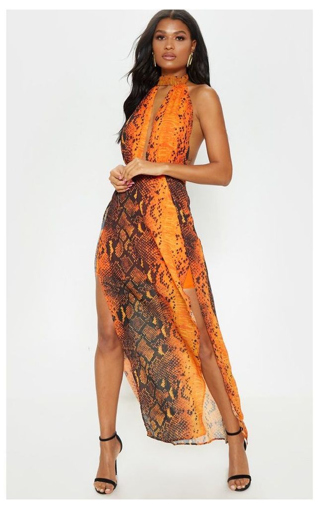 Leala Orange Snake Print Maxi Dress, Orange