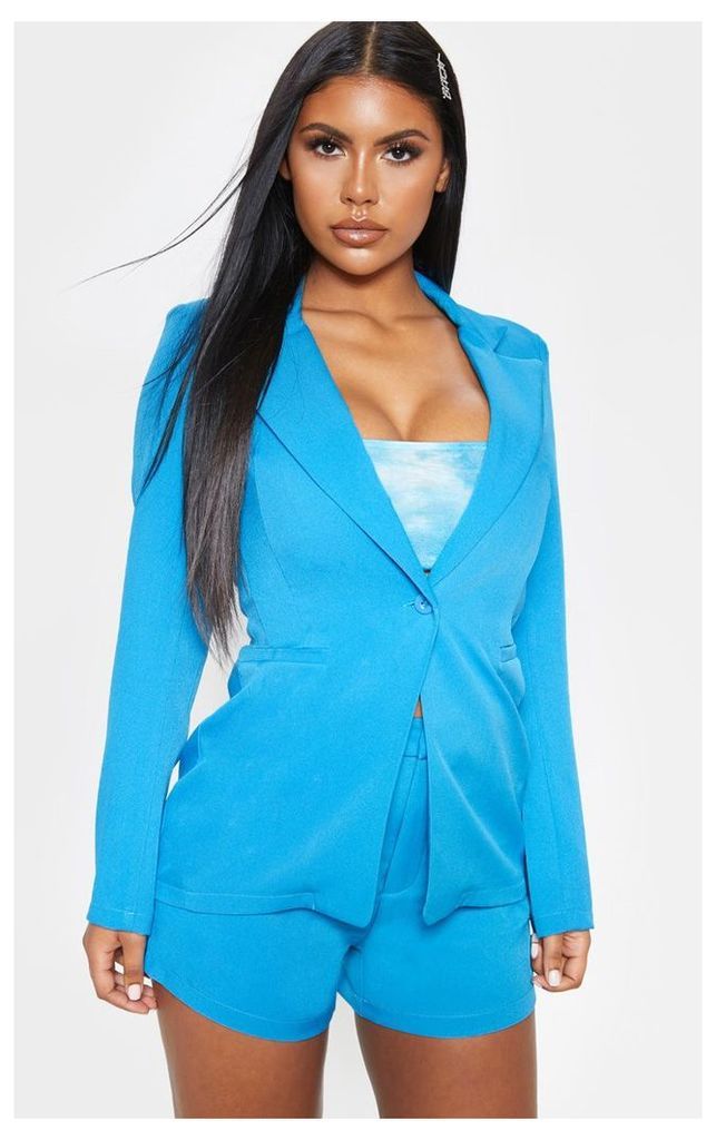 Bright Blue Fitted Suit Woven Blazer, Bright Blue