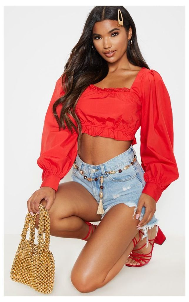 Red Puff Sleeve Crop Top, Red