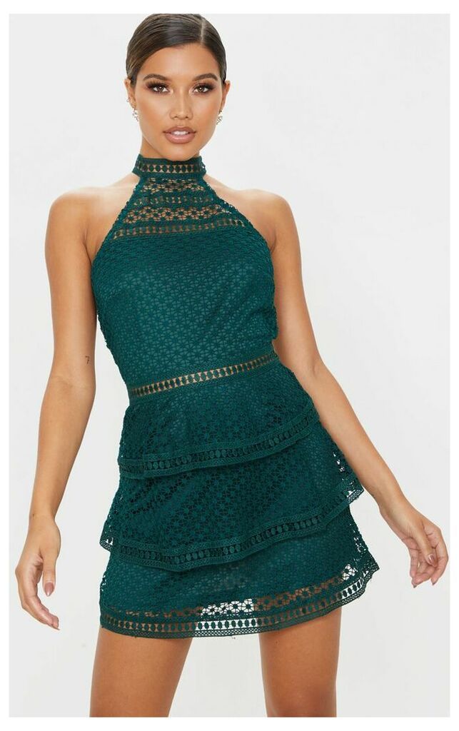 Emerald Green Lace Panel Tiered Bodycon Dress, Emerald Green