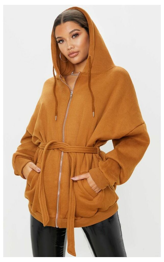 Camel Oversized Belted Sweat Hoodie, Camel