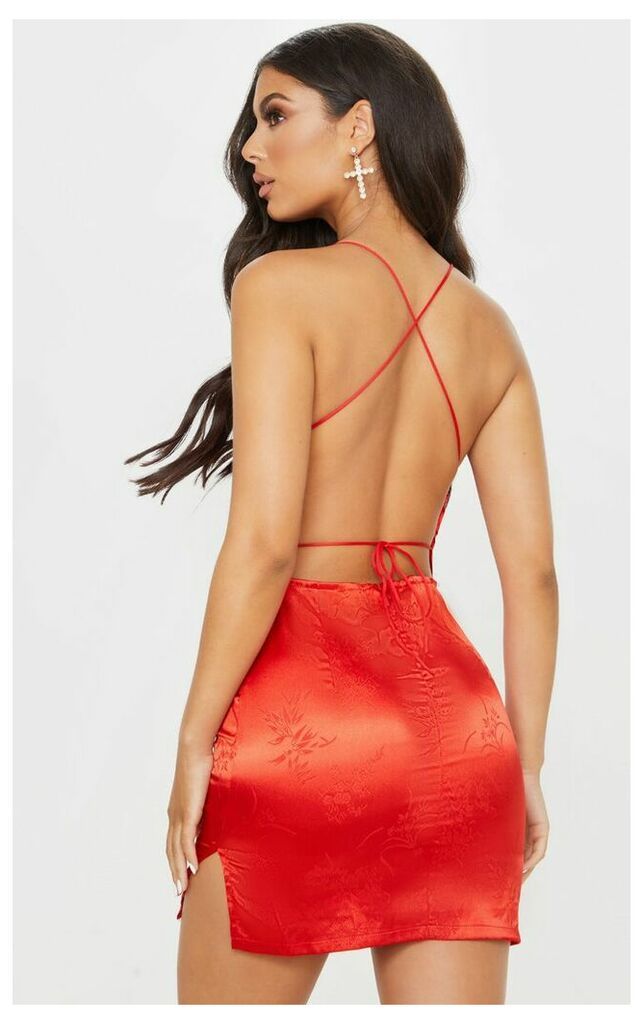 Red Satin Oriental Lace Up Back Bodycon Dress, Red