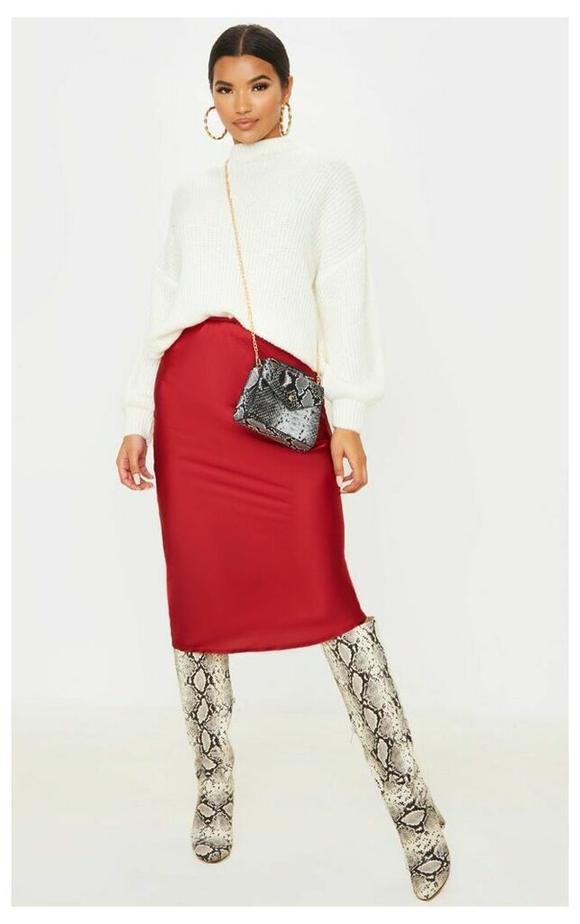 Burgundy Satin Midi Skirt, Red
