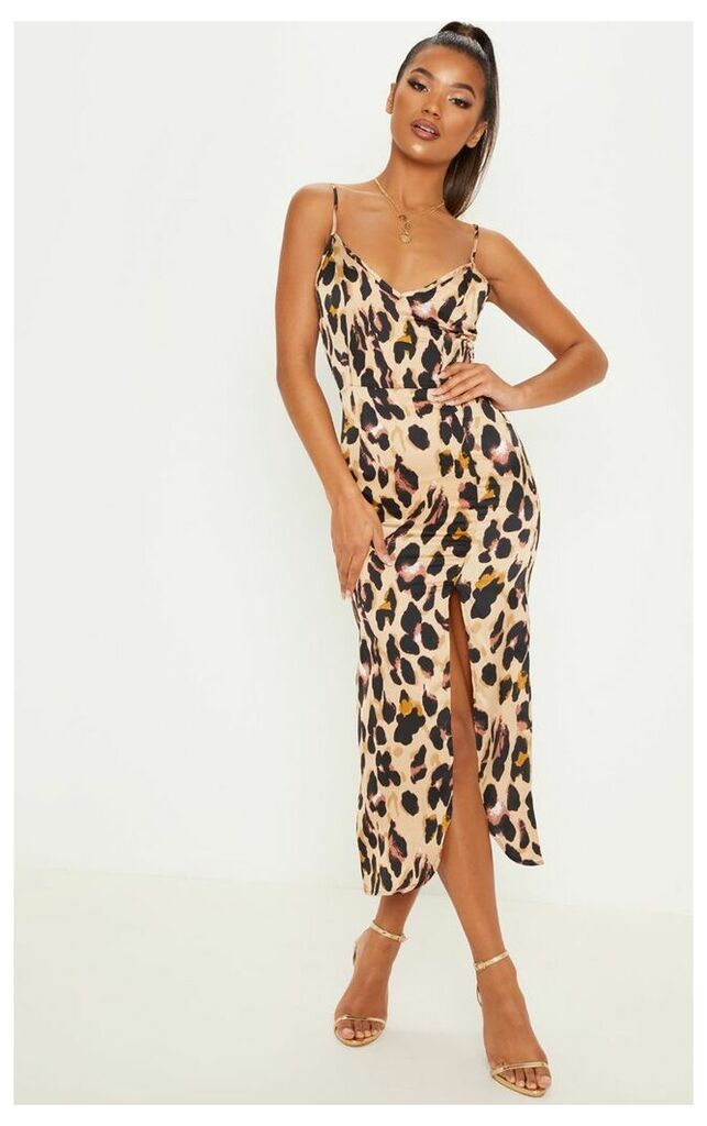 Tan Leopard Print Satin Midi Slip Dress, Brown