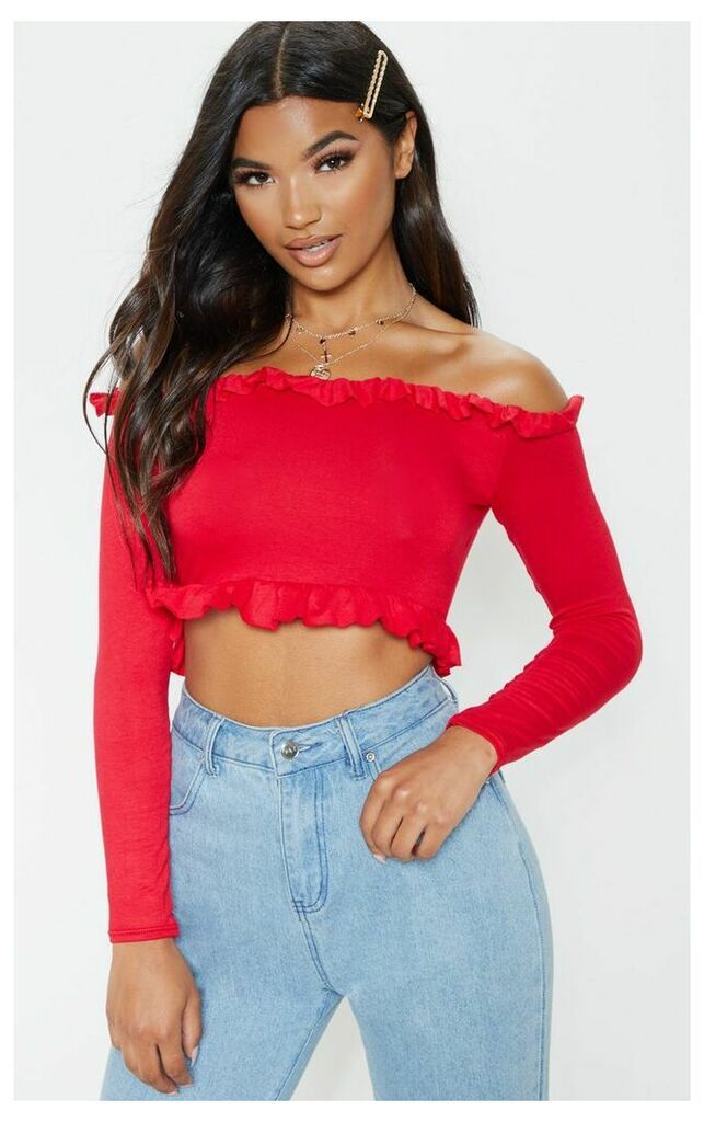 Red Bardot Frill Jersey Crop Top, Red