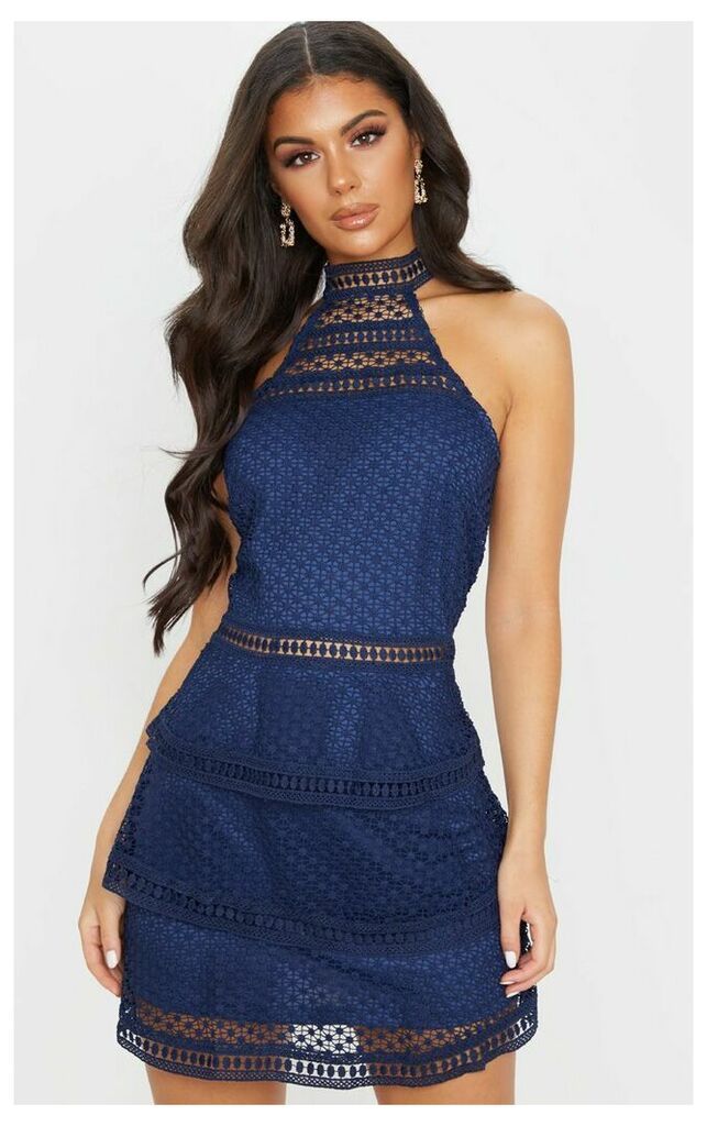 Navy Lace Panel Tiered Bodycon Dress, Blue