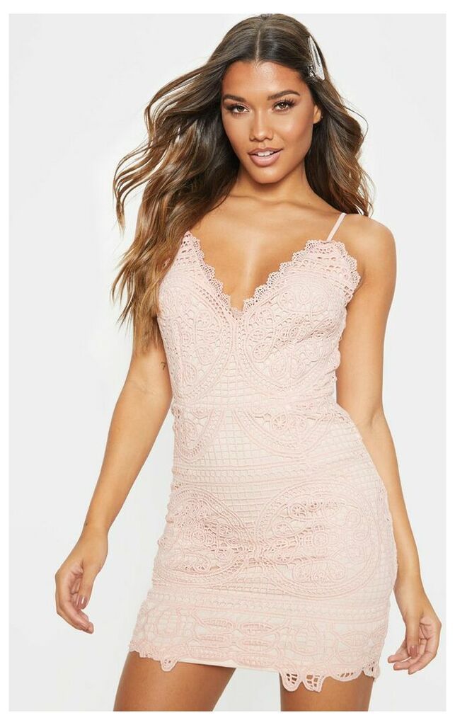 Dusty Pink Strappy Plunge Lace Bodycon Dress, Dusty Pink