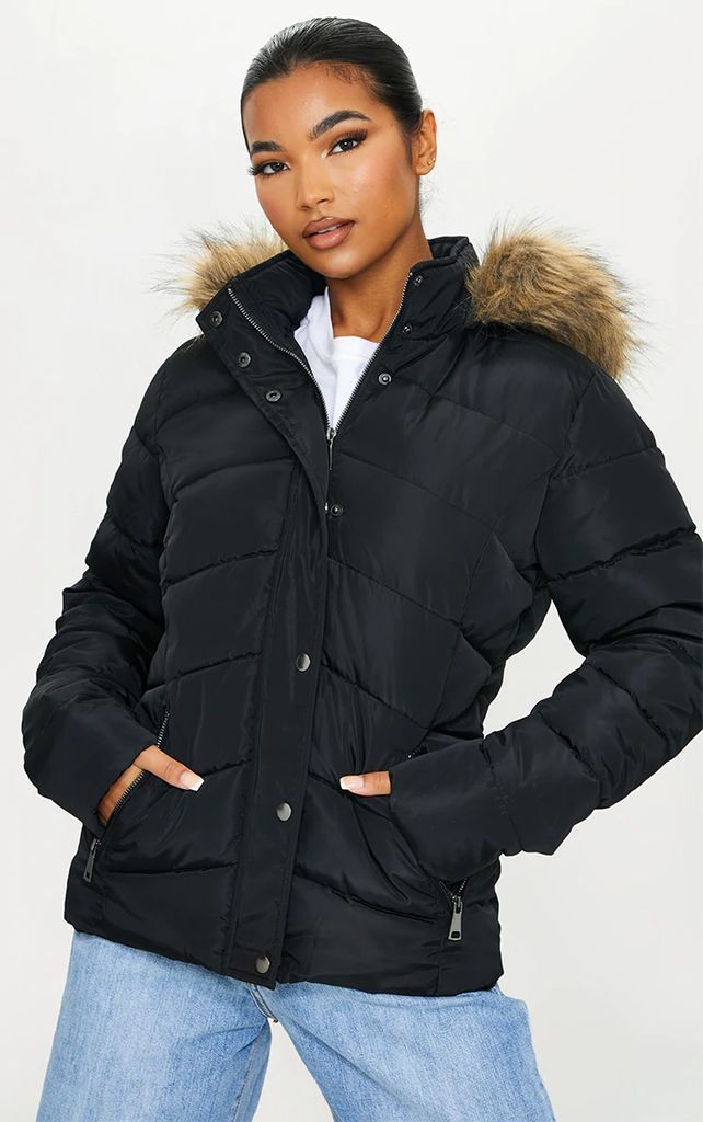 Black Quilted Mara Faux Fur Hooded Puffer Jacket, Black