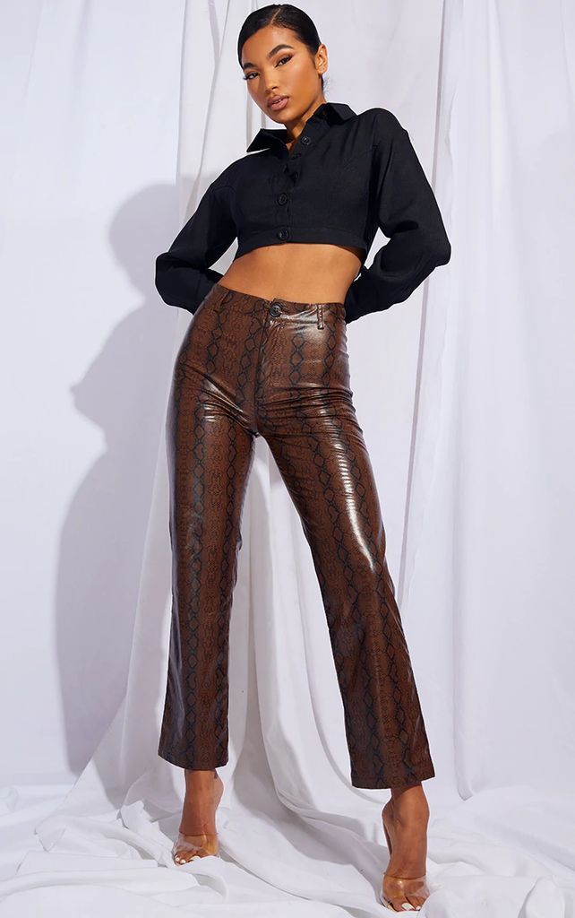 Brown Faux Leather Snake Print Cropped Straight Leg Trousers, Brown