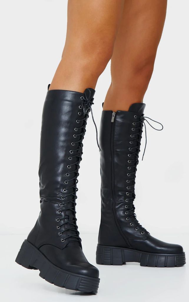 Black Knee High Lace Up Textured Sole Chunky Boots