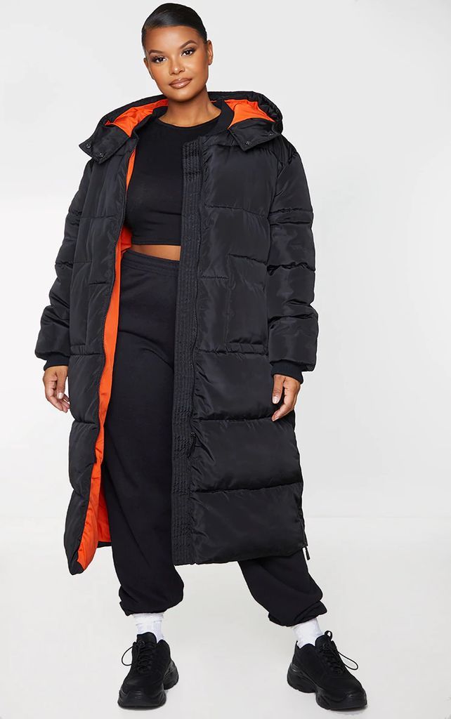 Plus Black Maxi Contrast Hooded Puffer Jacket, Black