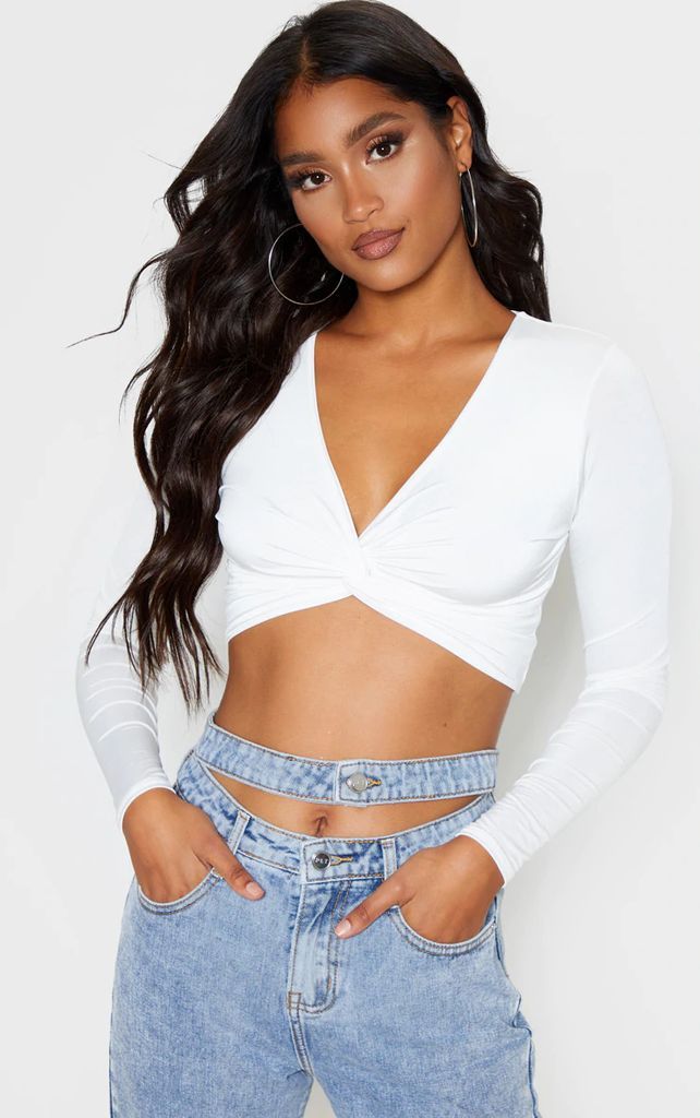 White Slinky Long Sleeve Twist Front Crop Top, White