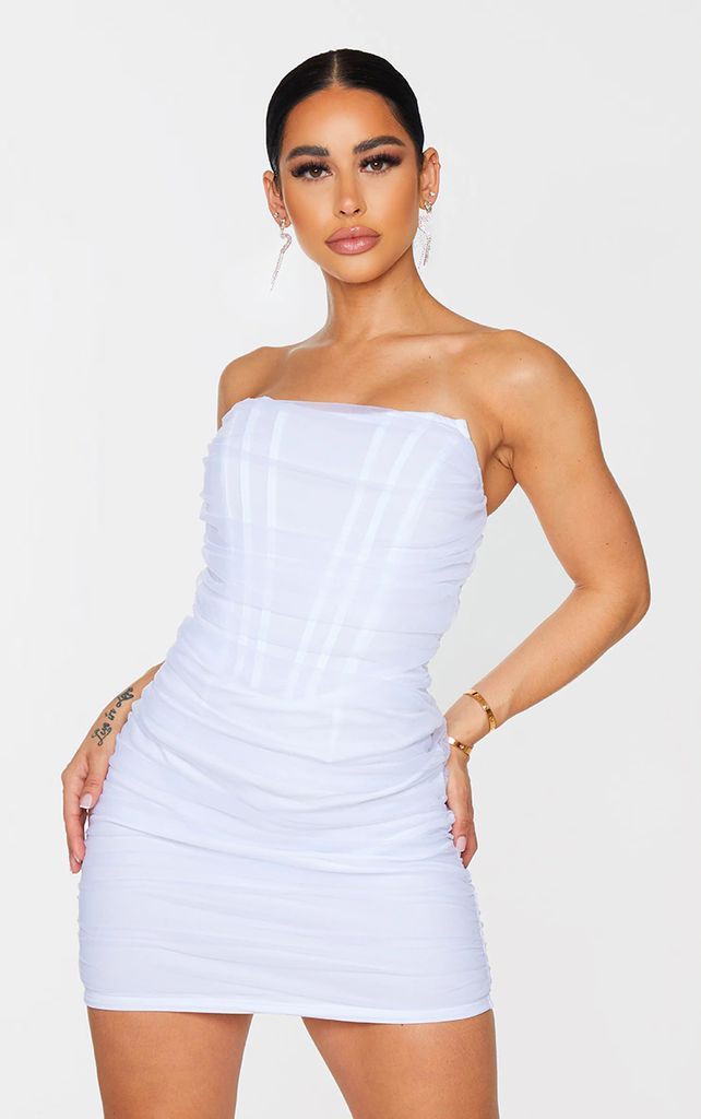 Shape White Mesh Corset Detail Ruched Bodycon Dress, White