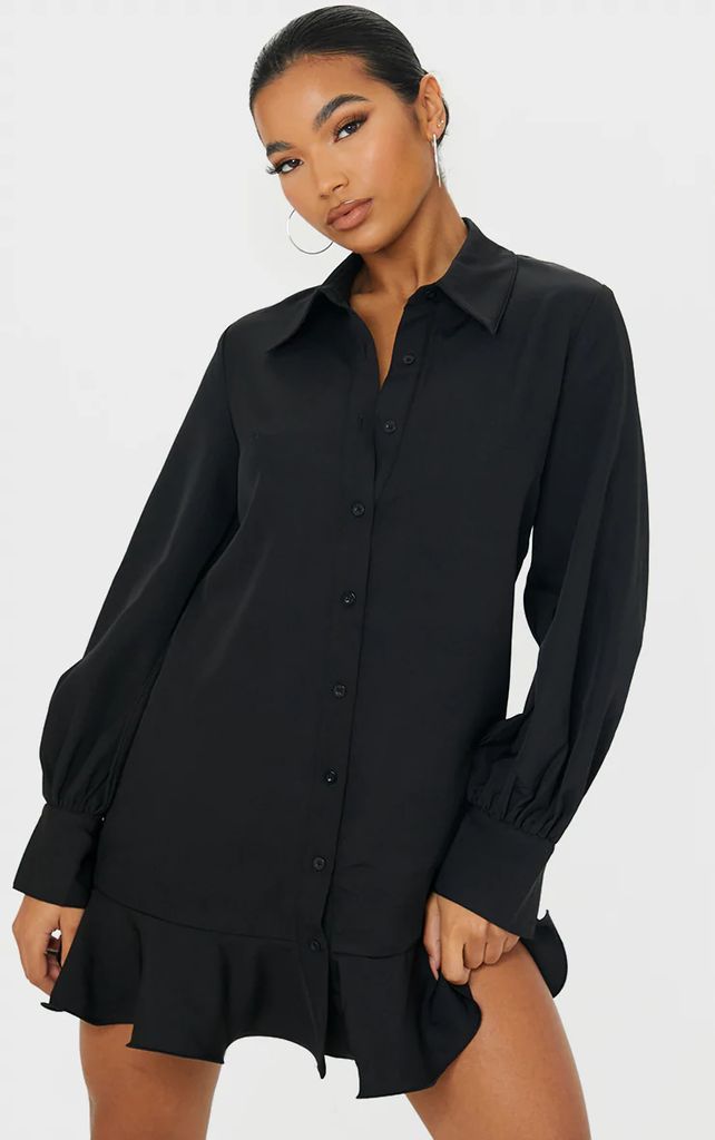 Black Frill Hem Shirt Dress, Black