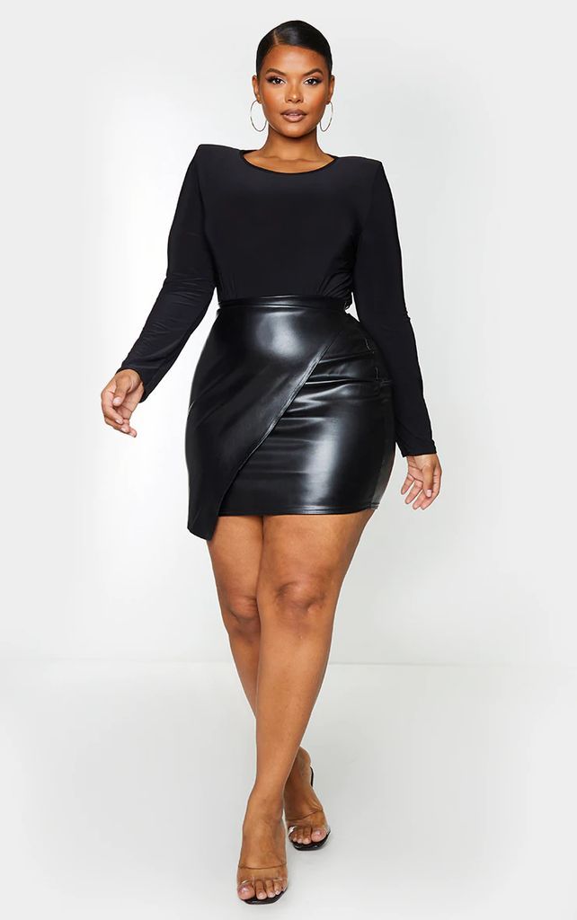 Plus Luisa Black Faux Leather Wrap Mini Skirt, Black