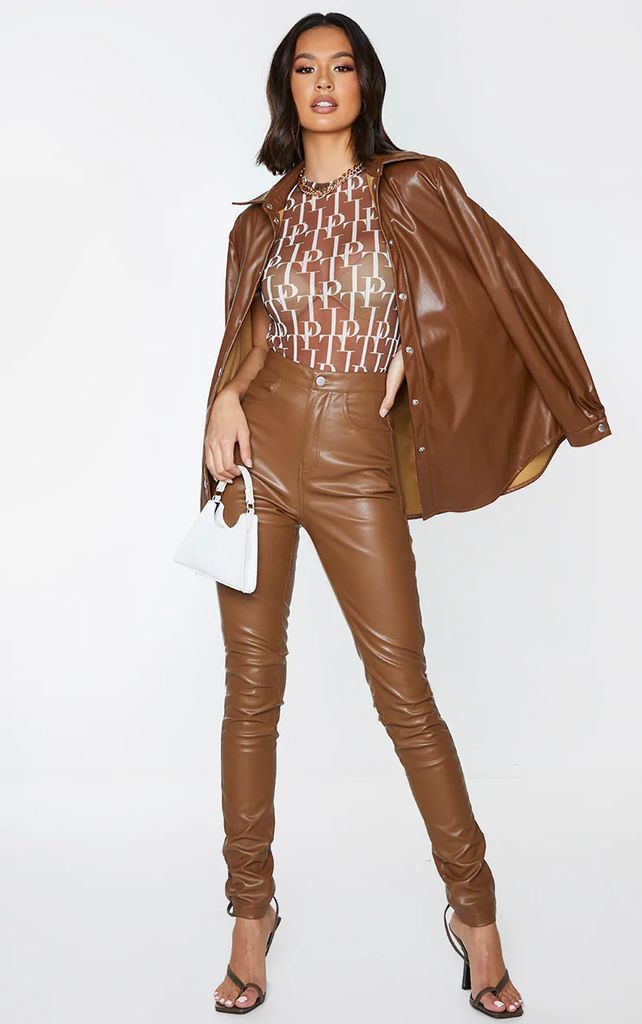 Chocolate Button Up Faux Leather Skinny Trousers, Chocolate