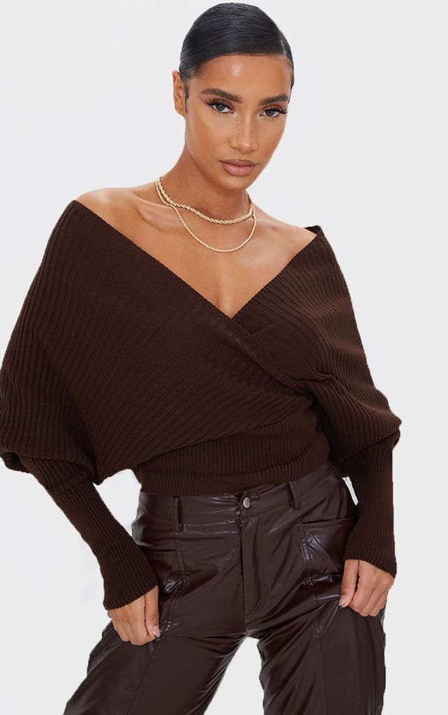 Chocolate Wrap Off The Shoulder Jumper, Chocolate