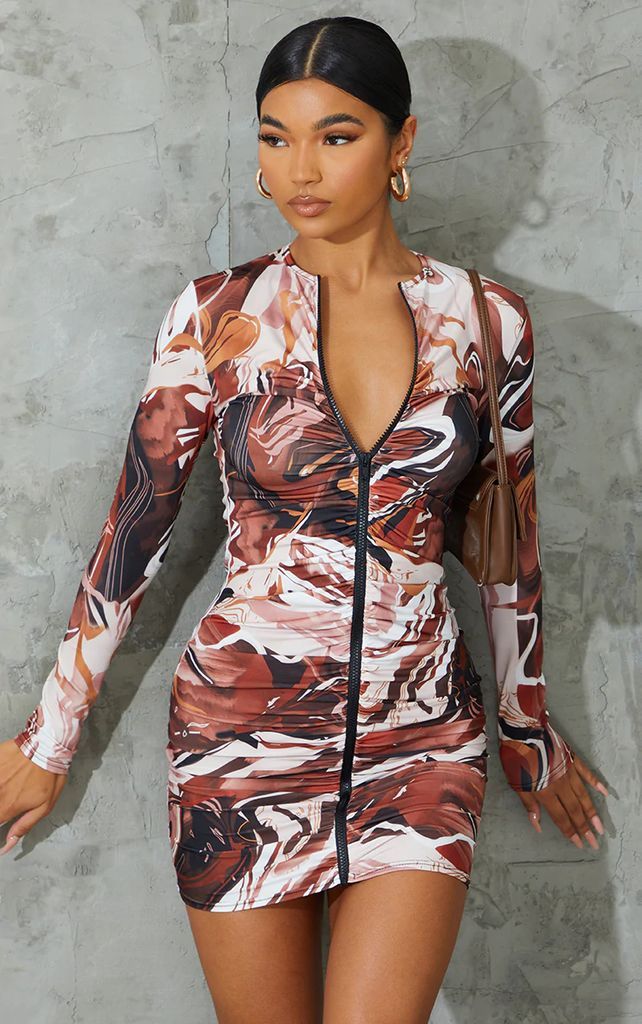 Chocolate Abstract Print Slinky Ruched Zip Through Bodycon Dress, Chocolate