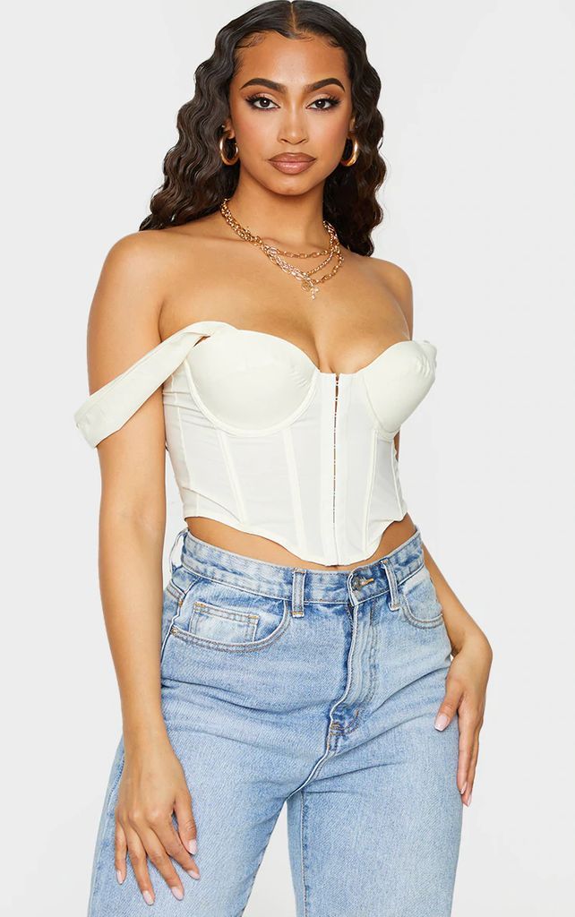 Cream Woven Hook And Eye Thick Strap Corset Top, White