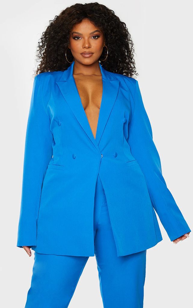 Plus Blue Double Breasted Woven Blazer, Blue