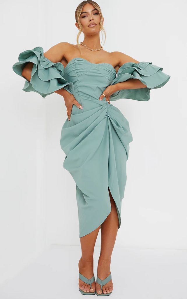 Sage Green Bardot Frill Sleeve Draped Midi Dress, Sage Green