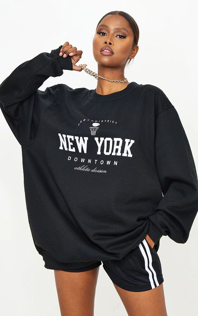 Black New York Downtown Slogan Printed Sweatshirt, Black