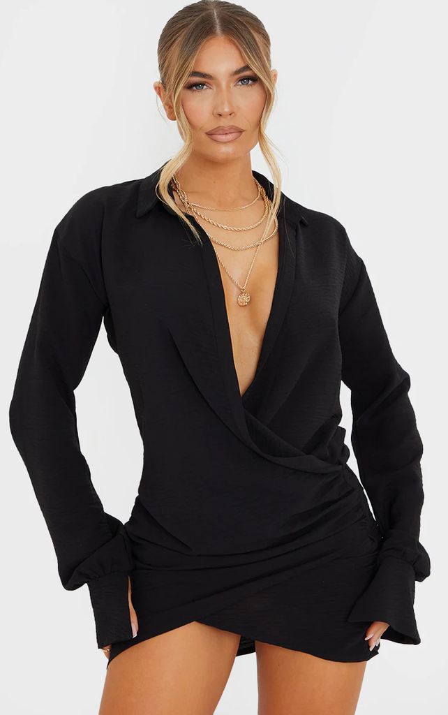Black Textured Woven Extreme Plunge Bell Cuff Shirt Dress, Black