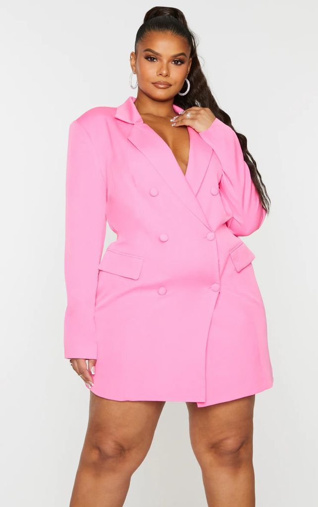 Plus Hot Pink Double Breasted Structured Blazer Dress, Hot Pink