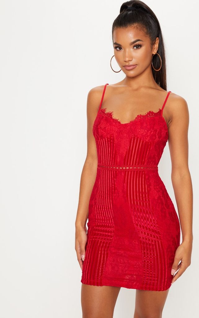 Red Strappy Lace Velvet Insert Bodycon Dress, Red