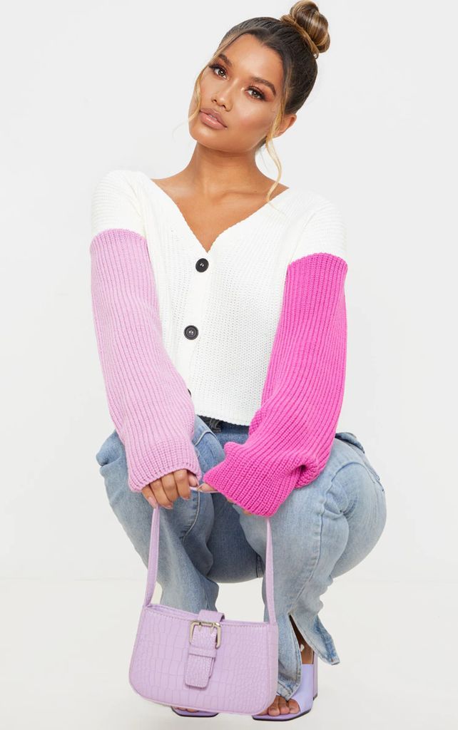 Pink Colour Block Button Up Cropped Cardigan, Pink