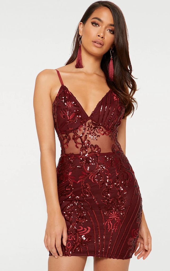 Burgundy Strappy Sheer Panel Sequin Bodycon Dress, Red