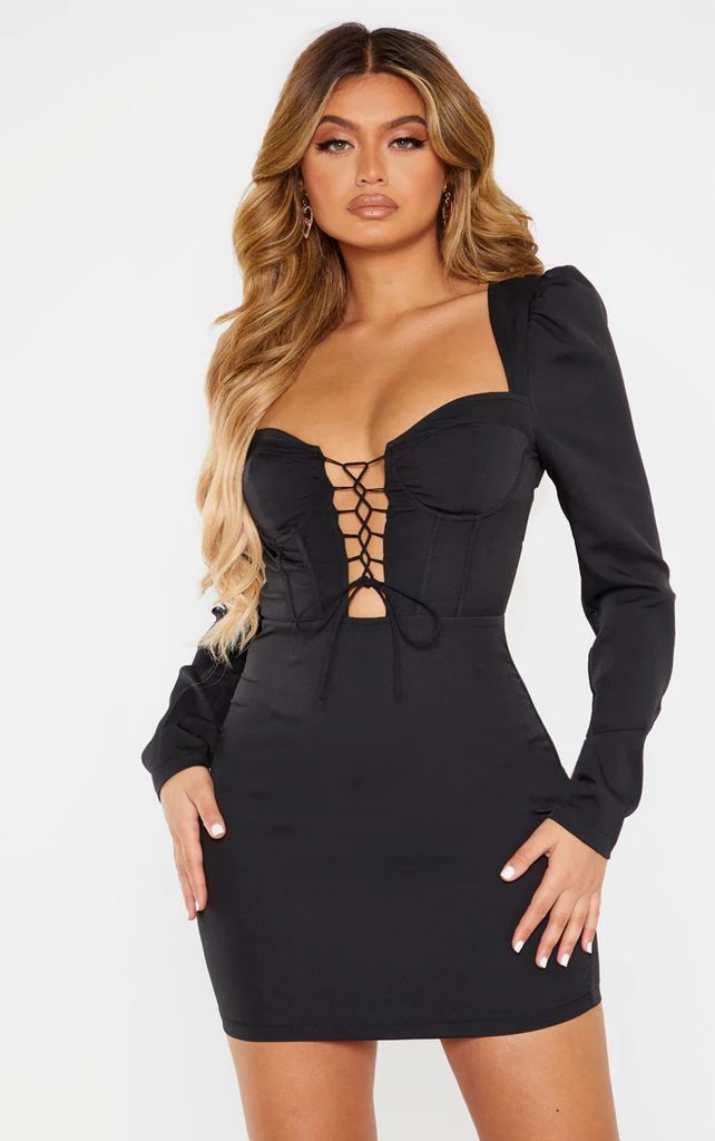 Black Lace Up Cup Detail Long Sleeve Bodycon Dress, Black