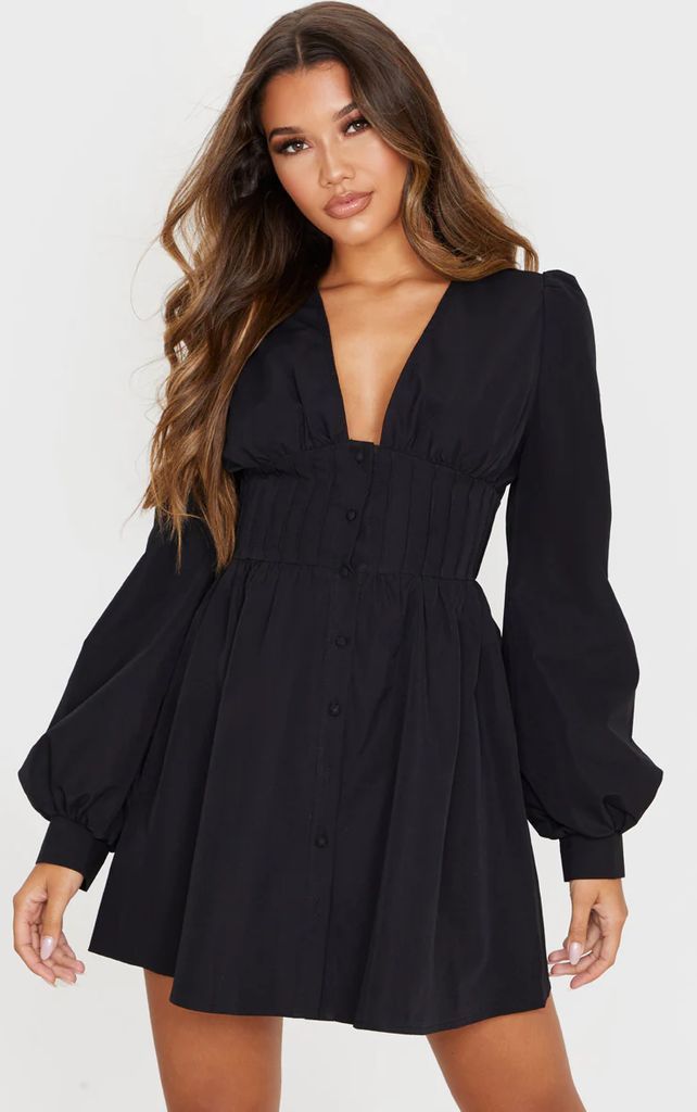 Black Button Front Fitted Puff Sleeve Skater Dress, Black