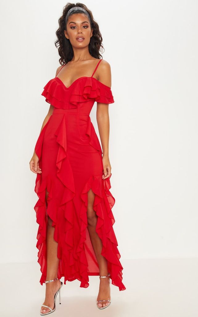 Red Cold Shoulder Ruffle Detail Maxi Dress, Red