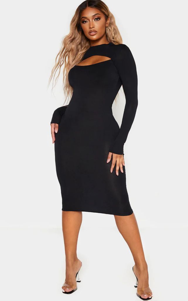 Shape Black Jersey Cut Out Long Sleeve Midi Dress, Black